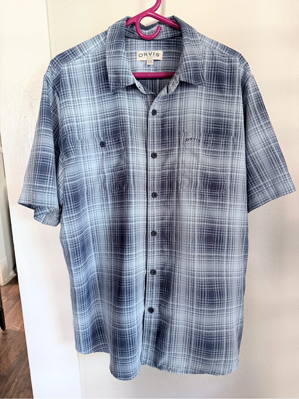 Orvis Blue Plaid Short Sleeve Button Down Men XL